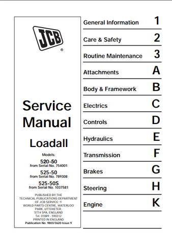 JCB 520-50, 520 525-50 525-50S Telescopic Handler Workshop Service Repair Manual 9803-3620 - Manual labs