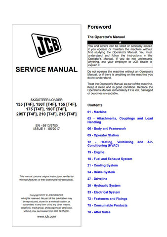 JCB 135, 150T, 155, 175, 190T, 205T, 210, 215 [T4F] SKID STEER LOADER SERVICE MANUAL - 9813/9750