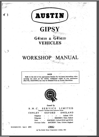 Discover the ultimate resource for maintaining your 1958-1967 Austin Gipsy G4M10 & G4M15 with our comprehensive Service Repair Manual in PDF format. This essential guide is designed to provide you with detailed instructions, diagrams, and specifications to ensure your vehicle runs smoothly and efficiently.
