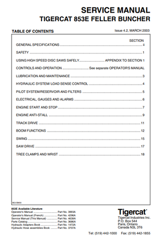 Download Complete Service Repair Manual PDF For Tigercat 853E Feller Buncher | Serial No. (8530101-8530450)