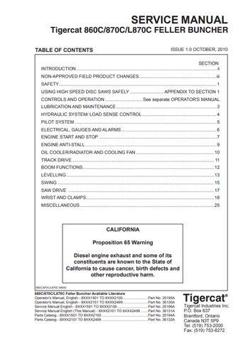 Tigercat 860C Feller Buncher Service Repair Manual (86011501-86013500, 86012101-86012499) - PDF File Download