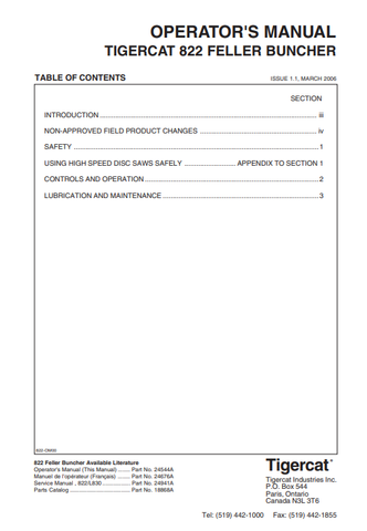 Tigercat 822 Feller Buncher Operator/User Manual (82011001-82012000, 822010191-82210999) - PDF File Download