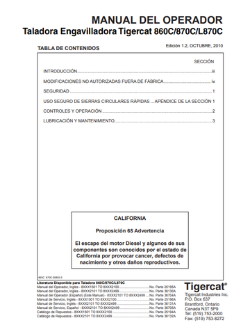 Tigercat 870C Feller Buncher Operator/User Manual (87011501-87013500, 87012101-87012499) - PDF File Download