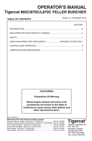 Tigercat 870C Feller Buncher Operator/User Manual (87011501-87013500, 87012101-87012499) - PDF File Download