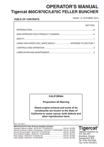 Tigercat 860C Feller Buncher Operator/User Manual (86011501-86013500, 86012101-86012499) - PDF File Download