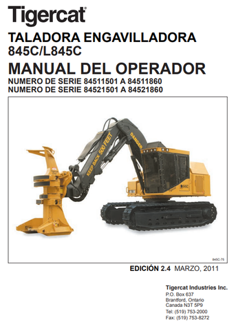 Tigercat 845C Feller Buncher Operator/User Manual (84511501-84512500, 84511501-84511860) - PDF File Download