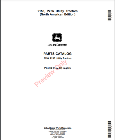 JOHN DEERE 2150, 2255 UTILITY TRACTORS PC4182 - PARTS CATALOG MANUAL