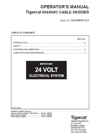 Tigercat 604 Cable Skidder Operator/User Manual (6040101-6040200) - PDF File Download