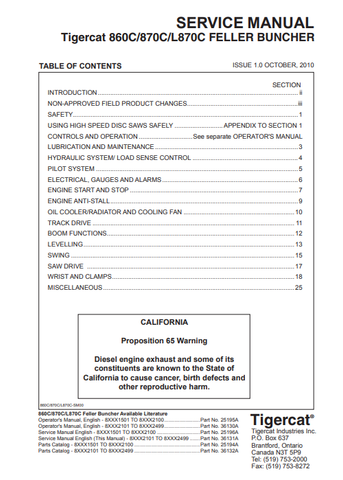 Tigercat 870C Feller Buncher Service Repair Manual (87011501-87013500, 87012101-87012499) - PDF File Download