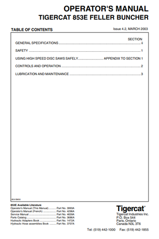 Tigercat 853T Feller Buncher Operator/User Manual (853T393-853T499) - PDF File Download