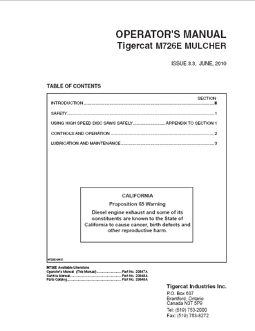 Tigercat M726E Mulcher Operator / User Manual (726M3501 - 726M4000) - PDF File Download