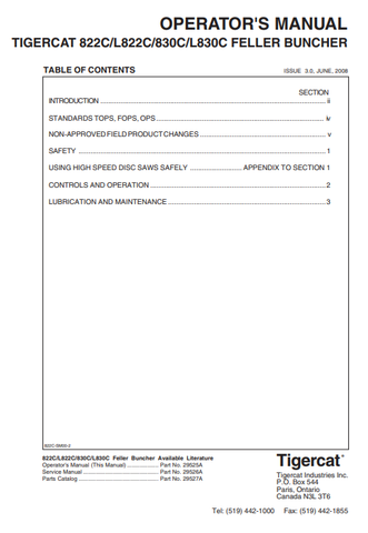 Tigercat 822C Feller Buncher Operator/User Manual (82211001-82213000, 82211001-82211999) - PDF File Download