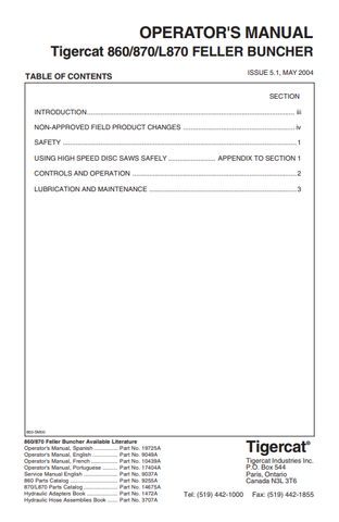 Tigercat 860T Feller Buncher Operator/User Manual (860T508-860T799) - PDF File Download