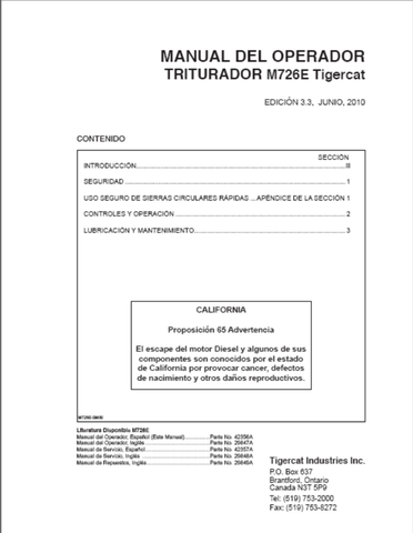 Tigercat M726E Mulcher Operator / User Manual (726M3501 - 726M5000) - PDF File Download