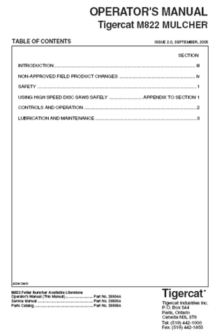 Download Complete Operator/User Manual PDF For Tigercat M822 Mulcher | Serial No. (822110191-822110999)