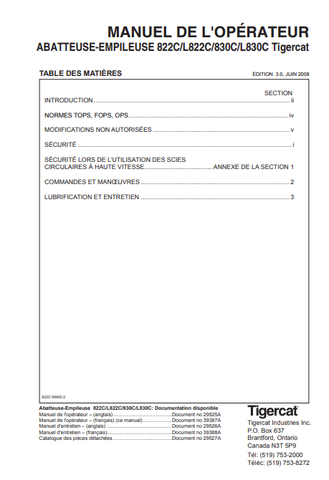 Tigercat 822C Feller Buncher Operator/User Manual (82211001-82213000, 82211001-82211999) French - PDF File Download