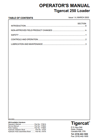 Learn everything you need to know about operating the Tigercat 250 Loader with this comprehensive Operator/User Manual. This PDF File download includes all necessary information for efficient and safe use of the loader, ensuring maximum productivity. Perfect for those seeking to become experts in Tigercat machinery.