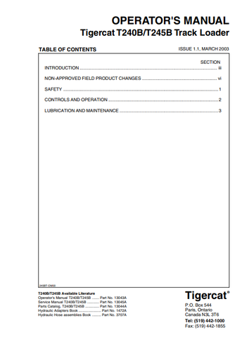 Tigercat T245B Loader Operator/User Manual (245T0301-245T0499) - PDF File Download