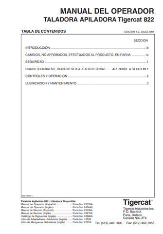 Tigercat 822 Feller Buncher Operator/User Manual (82011001-82012000, 822010191-82210999) - PDF File Download