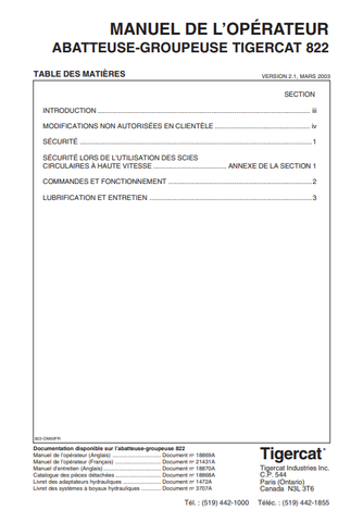 Tigercat 822 Feller Buncher Operator/User Manual (82011001-82012000, 8220101-8220999) - PDF File Download