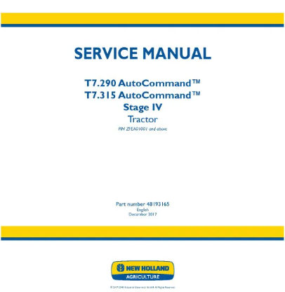 NEW HOLLAND AUTOCOMMAND SIDEWINDER II T7.290 AND T7.315 TRACTOR SERVICE MANUAL - PDF