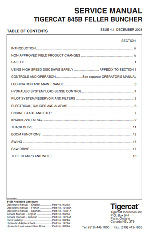 Tigercat 845B Feller Buncher Service Repair Manual (8450501-8451499) - PDF File Download