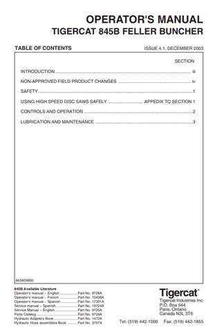 Tigercat 845B Feller Buncher Operator/User Manual (8450501-8451499) - PDF File Download