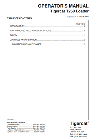 Tigercat T250 Loader Operator/User Manual (250T0101-250T0499) - PDF File Download