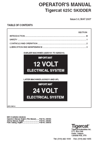 Tigercat 625C Skidder Operator/User Manual (6250101-6250300) - PDF File Download