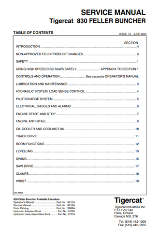 Tigercat 830 Feller Buncher Service Repair Manual (8300113-8300499) - PDF File Download