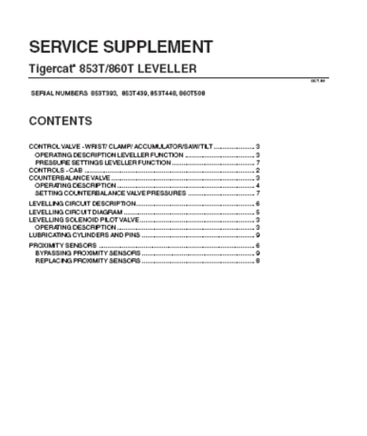 Tigercat 853T Feller Buncher Service Leveller Supplement Manual (853T393-853T499) - PDF File Download