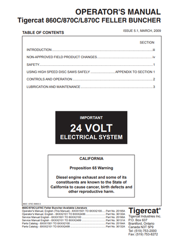 Tigercat 860C Feller Buncher Operator/User Manual (86011501-86013500, 86011501-86012100) - PDF File Download