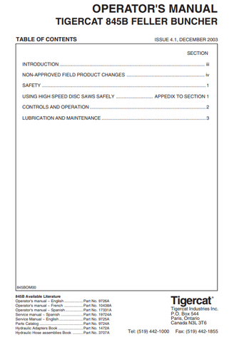 Tigercat L845B Feller Buncher Operator/User Manual (845T0501-845T1499) - PDF File Download