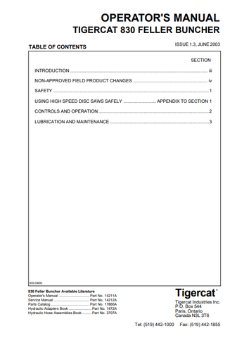 Tigercat 830 Feller Buncher Operator/User Manual (8300113-8300499) - PDF File Download