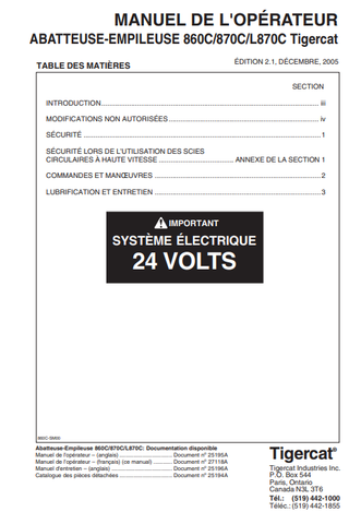 Tigercat 870C Feller Buncher Operator/User Manual (87011501-87013500, 87011501-87012100) - PDF File Download