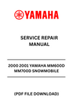 Unlock the full potential of your 2000-2001 Yamaha MM600D and MM700D snowmobiles with our comprehensive Service Repair Manual. This PDF file is your ultimate guide, packed with detailed instructions, diagrams, and troubleshooting tips to keep your snowmobile running smoothly all season long.