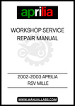 DON'T LEAVE YOUR MOTORCYCLE'S PERFORMANCE TO CHANCE. INVEST IN THE 2002-2003 APRILIA RSV MILLE WORKSHOP SERVICE REPAIR MANUAL TODAY AND GAIN THE CONFIDENCE TO HANDLE ANY REPAIR WITH EASE. DOWNLOAD YOUR PDF FILE NOW AND TAKE THE FIRST STEP TOWARDS MASTERING YOUR MOTORCYCLE MAINTENANCE!