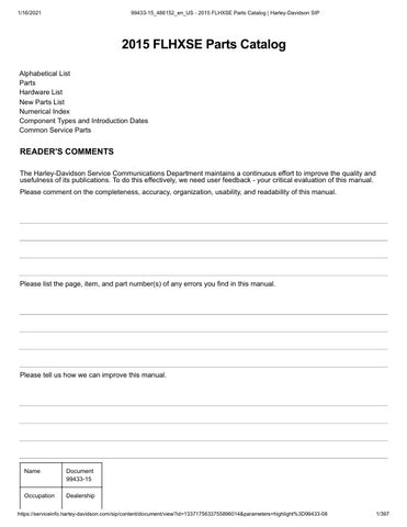 Unlock the full potential of your 2015 Harley-Davidson FLHXSE with the comprehensive Parts Catalog Manual (99433-15) in PDF format. This essential resource provides detailed diagrams and specifications, making it easy to identify and order the exact parts you need for maintenance or upgrades. Whether you're a seasoned mechanic or a passionate DIY enthusiast, this manual ensures you have the right information at your fingertips to keep your ride in peak condition. Don't miss out on the opportunity to enhance