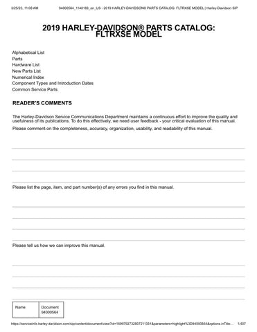 Unlock the full potential of your 2019 Harley-Davidson FLTRXSE with the comprehensive Parts Catalog Manual (94000564) in PDF format. This essential resource provides detailed diagrams and specifications, ensuring you have all the information needed for maintenance, repairs, and upgrades. Whether you're a seasoned mechanic or a passionate rider, this manual will help you navigate your bike's components with ease, making it an indispensable tool for any Harley enthusiast. Get your digital copy today and keep