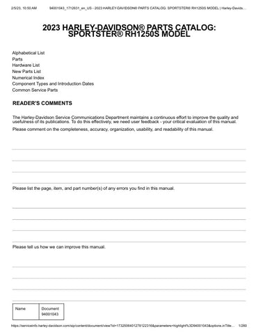 Unlock the full potential of your 2023 Harley-Davidson Sportster RH1250S with the comprehensive Parts Catalog Manual (94001043) in PDF format. This essential resource provides detailed diagrams, part numbers, and specifications, ensuring you have everything you need for maintenance and upgrades. Whether you're a seasoned mechanic or a DIY enthusiast, this manual simplifies the process of finding the right parts, helping you keep your ride in peak condition. Don't miss out on the opportunity to enhance your