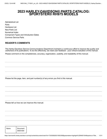 Unlock the full potential of your 2023 Harley-Davidson Sportster RH975 with the comprehensive Parts Catalog Manual (94001044) in PDF format. This essential resource provides detailed diagrams and specifications, ensuring you have all the information needed for maintenance, repairs, and upgrades. Whether you're a seasoned mechanic or a DIY enthusiast, this manual is designed to enhance your riding experience and keep your bike in peak condition. Don't miss out on the opportunity to elevate your Harley owners