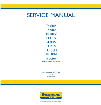 NEW HOLLAND T4.80N, T4.80V, T4.90N, T4.90V, T4.100N, T4.100V, T4.110N, T4.110V TRACTOR SERVICE MANUAL - PDF