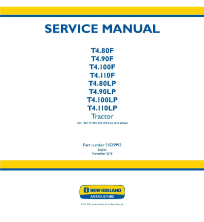 NEW HOLLAND T4.80F, T4.80LP, T4.90F, T4.90LP, T4.100F, T4.100LP, T4.110F, T4.110LP IT4 TRACTOR SERVICE MANUAL - PDF