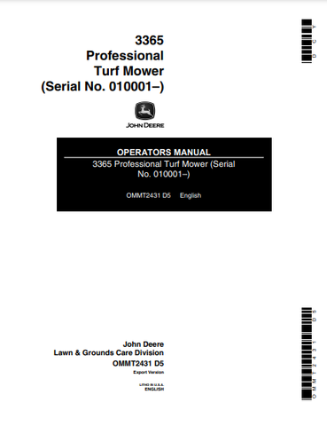  Discover the John Deere 3365 Professional Turf Mower Operator Manual (OMMT2431). Access essential guidelines for optimal performance and maintenance.