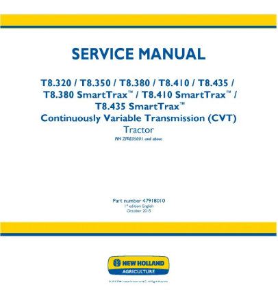 NEW HOLLAND T8.320, T8.350, T8.380, T8.410, T8.435, T8.380, T8.410 AND T8.435 TRACTOR TIER 2 SERVICE MANUAL - PDF