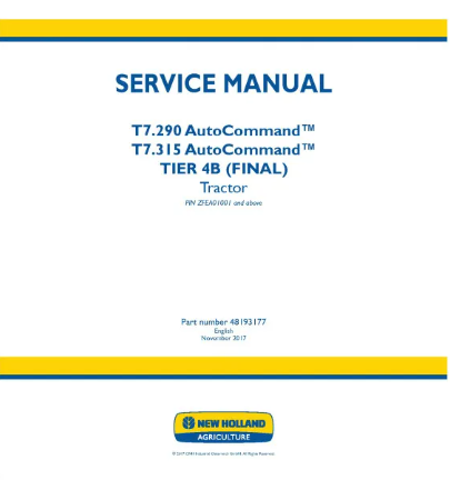 NEW HOLLAND AUTOCOMMAND T7.290 AND T7.315 TIER 4B FINAL TRACTOR SERVICE MANUAL - PDF