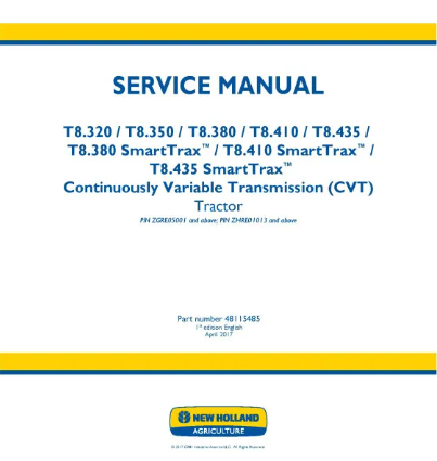 NEW HOLLAND T8.320, T8.350, T8.380, T8.410, T8.435, T8.380, T8.410 AND T8.435 TIER 4B TRACTOR SERVICE MANUAL - PDF