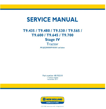 NEW HOLLAND T9.435, T9.480, T9.530, T9.565, T9.600, T9.645 AND T9.700 STAGE IV 4WD ARTICULATED TRACTOR SERVICE MANUAL - PDF