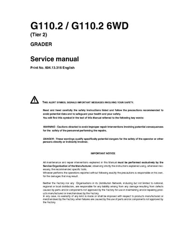 NEW HOLLAND G110.2 AND G110.2 6WD TIER 2 MOTOR GRADER SERVICE MANUAL - PDF