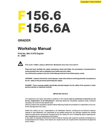 NEW HOLLAND F156.6 AND F156.6A MOTOR GRADER WORKSHOP MANUAL - PDF